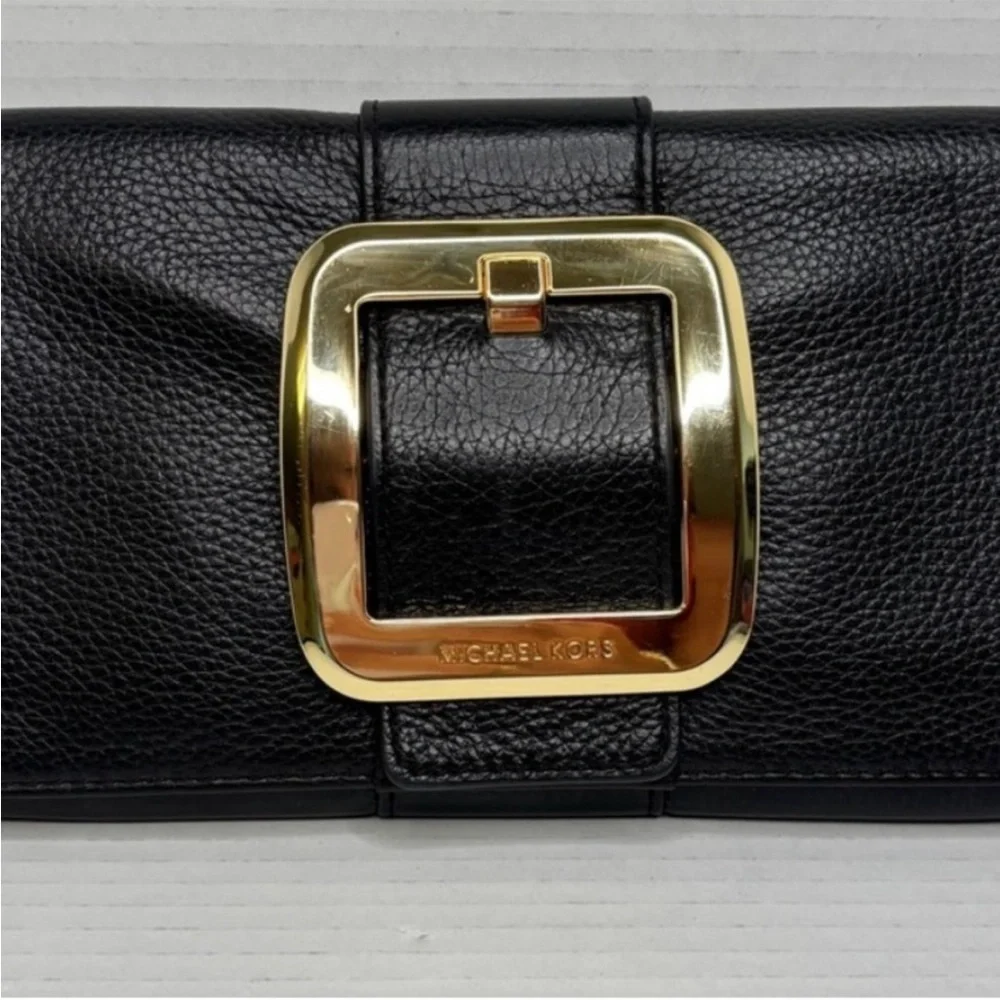 Michael Kors Black Pebbled Leather Large Continental Wallet Gold Buckle Clutch_4